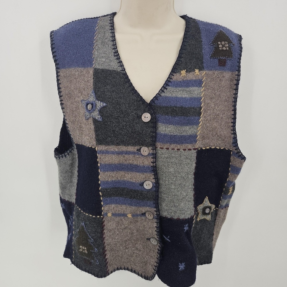VTG Woolrich Sweater Vest Women L Navy Wool Patchwork 90s Cabincore Grandmacore - Picture 13 of 13